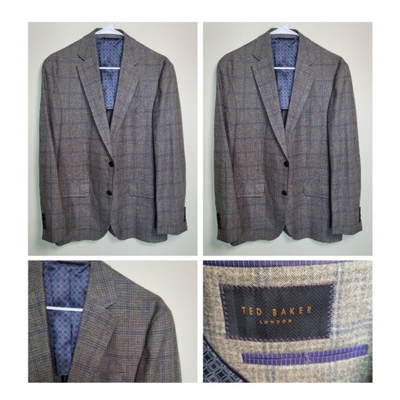 Ted Baker Endurance Karl SPJ Wool Blazer Jacket Mens 42R Brown Purple Plaid Busi - Picture 1 of 17